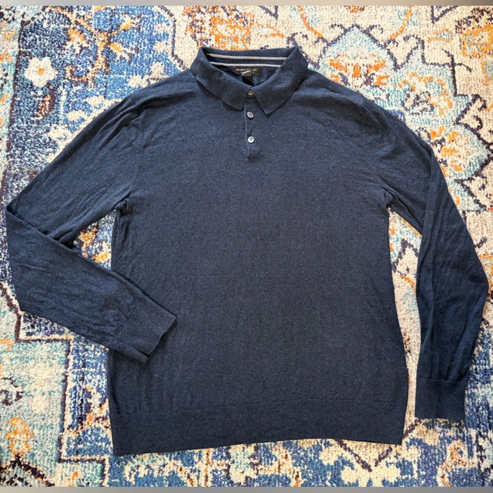 Large Tall — silk cotton cashmere long sleeve polo sweater — dark heather blue